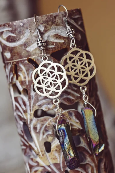 Spiritual sacred geometry earrings with crystal quartz druzy