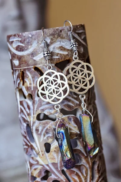Spiritual sacred geometry earrings with crystal quartz druzy