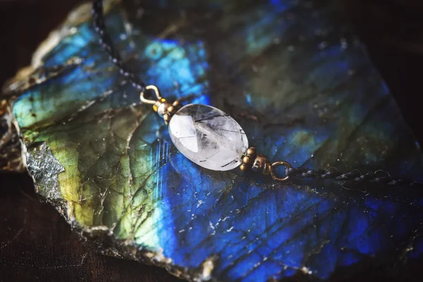 Mineral crystal quartz stone tombled with tourmaline bead tiny bracelet detail