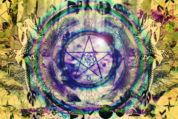 Heilige Geometrie Pentagramm Samen Des Lebens Drachen Abstraktes Mandala — Stockfoto