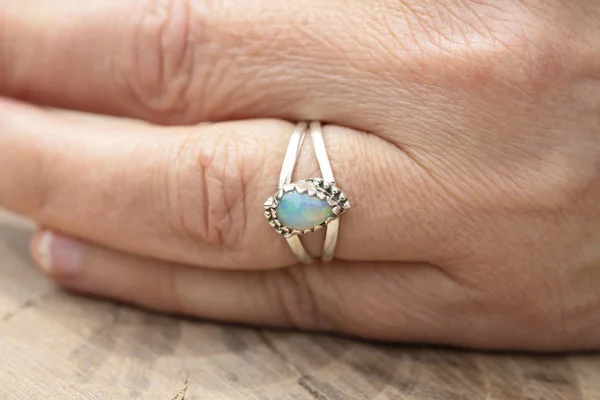 Silver Ring Opal Gemstone Caboshon Female Hand — Stock Photo, Image