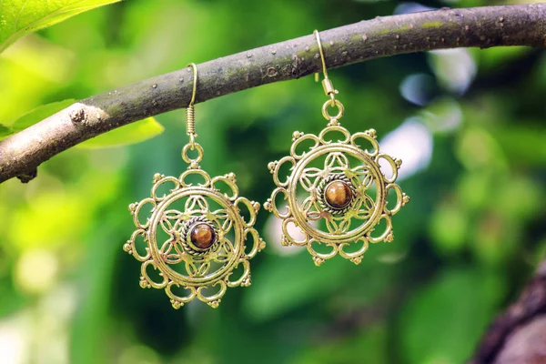 Brass Metal Oriental Style Earrings Mineral Tyger Eye Gemstone Hanging — Stock Photo, Image