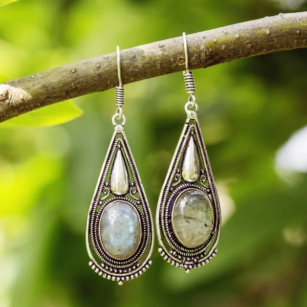 Brass Metal Oriental Style Earrings Mineral Labradorite Gemstone Hanging Tree — Stock Photo, Image