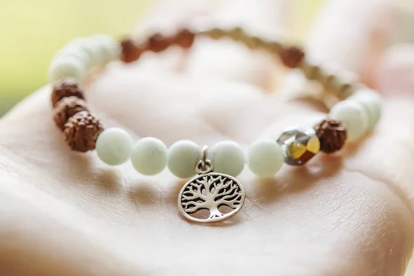 Mineral Stone Amazonite Tree Pendant Bead Bracelet Natural Wooden Background — Stock Photo, Image