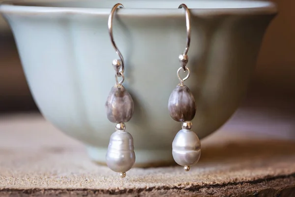 Natural Seed Mineral Stone Little Boho Earrings Hanging Tea Cup — Stock Photo, Image