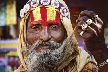 Pushkar, Rajasthan, Hindistan, 26 Ocak 2019: Sadhu Guru Baba 'nın Portresi