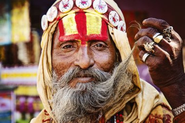 Pushkar, Rajasthan, Hindistan, 26 Ocak 2019: Sadhu Guru Baba 'nın Portresi