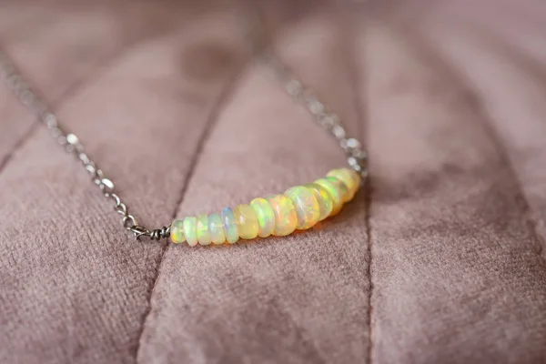 Natural Opal Gemstone Necklace Pink Velvet — Stock Photo, Image