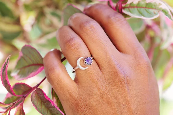Hand Wearing Decorative Beautiful Ring Touching Spring Plant — Stock Photo, Image