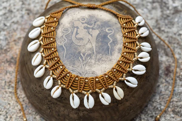 Macrame Boho Necklace White Shells Vintage Metal Background — Stock Photo, Image