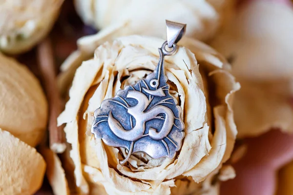 Detail of sterling silver pendant in the shape of om in leaf