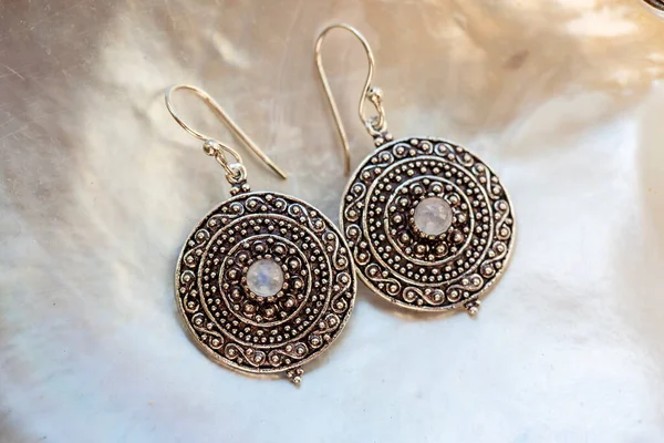 Lovely Female Metal Earrings Mandala Shape Moon Stone — Stock Photo, Image