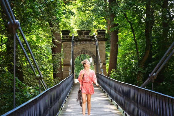 Woman Red Dress Walking Bridge Decin Castle Bohemia — Stock Photo, Image