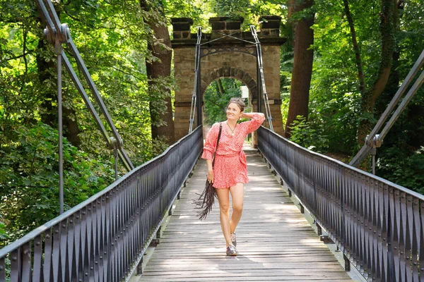 Woman Red Dress Walking Bridge Decin Castle Bohemia — Stock Photo, Image