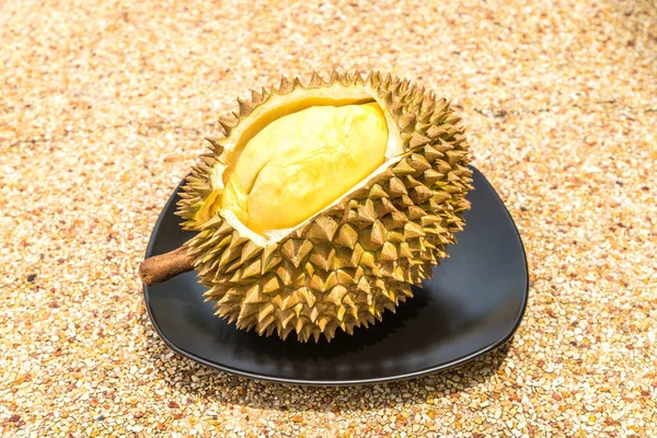 Cut Open Exotic Durian Fruit Black Plate — Stock Photo, Image