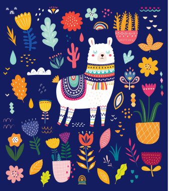 Lama, çiçek ve etnik tasarım öğeleri renkli set vektör çizim