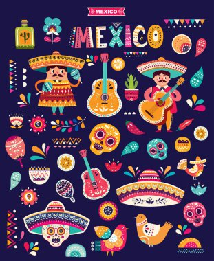 Vector illustration of colorful Mexican icons clipart