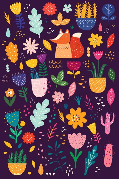 Vektorillustration Färgglada Set Med Fox Och Blommor — Stock vektor