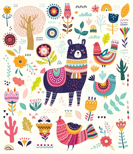 Vectorillustratie Van Kleurrijke Set Met Lama Bloemen Vogels Etnische Ontwerpelementen — Stockvector