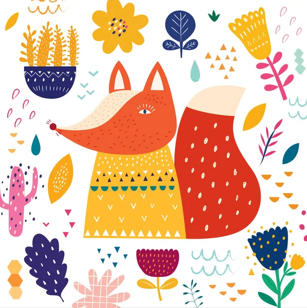 Vektorillustration Färgglada Set Med Fox Och Blommor — Stock vektor