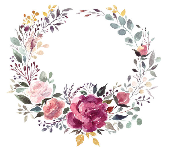watercolor wreath with flowers. vector illustration