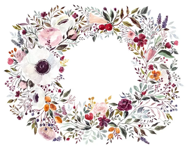 Couronne Florale Aquarelle Avec Des Fleurs Illustration Vectorielle — Photo