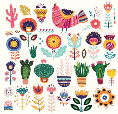 çiçek, kuş ve etnik tasarım öğeleri, vektör çizim renkli kümesiyle