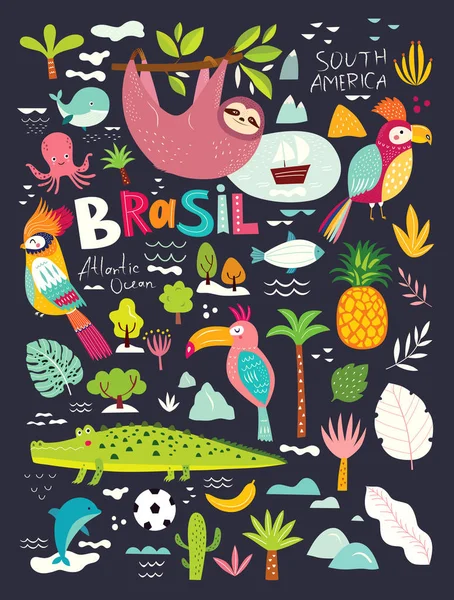 Färgglada Rio Janeiro Brasilien Symboler Och Ikoner Brasilien Mörk Bakgrund — Stock vektor