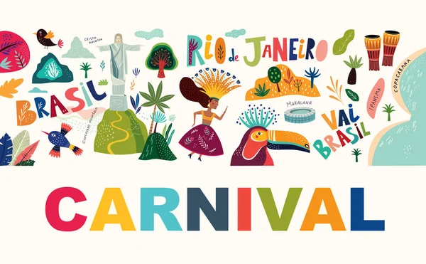 Rio Janeiro Brésil Carte Avec Animaux Danseuse Illustration Vectorielle — Image vectorielle