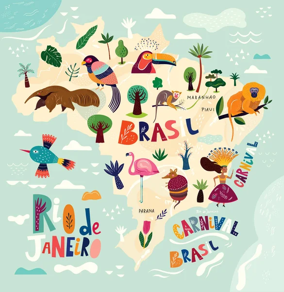巴西地图与五颜六色的巴西动物和标志 向量例证 — 图库矢量图片