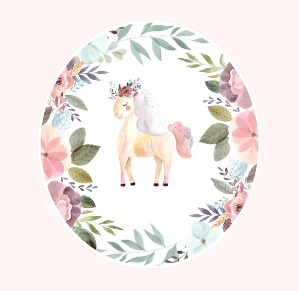 Carino Unicorno Cartone Animato Con Ornamento Floreale Colori Illustrazione Vettoriale — Vettoriale Stock