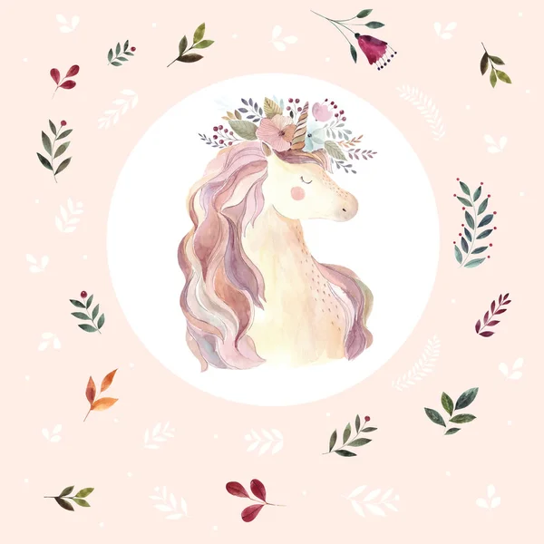 Unicorno Magico Con Fiori Sfondo Bianco Cornice Rosa Pallido Con — Vettoriale Stock