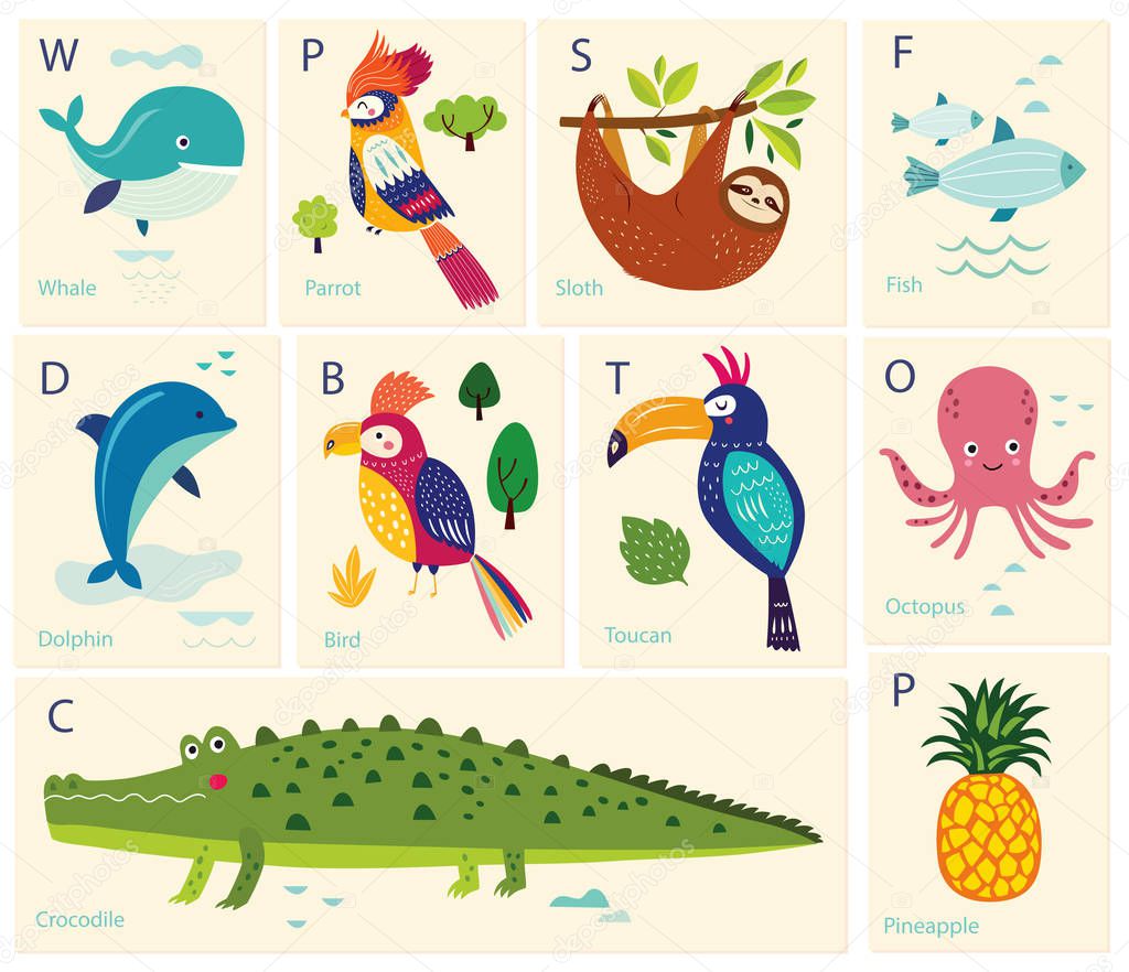 Set of color alphabet animals, vector illustration