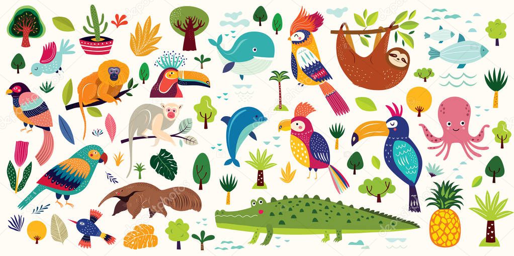 Card with colorful animals, vector illustration