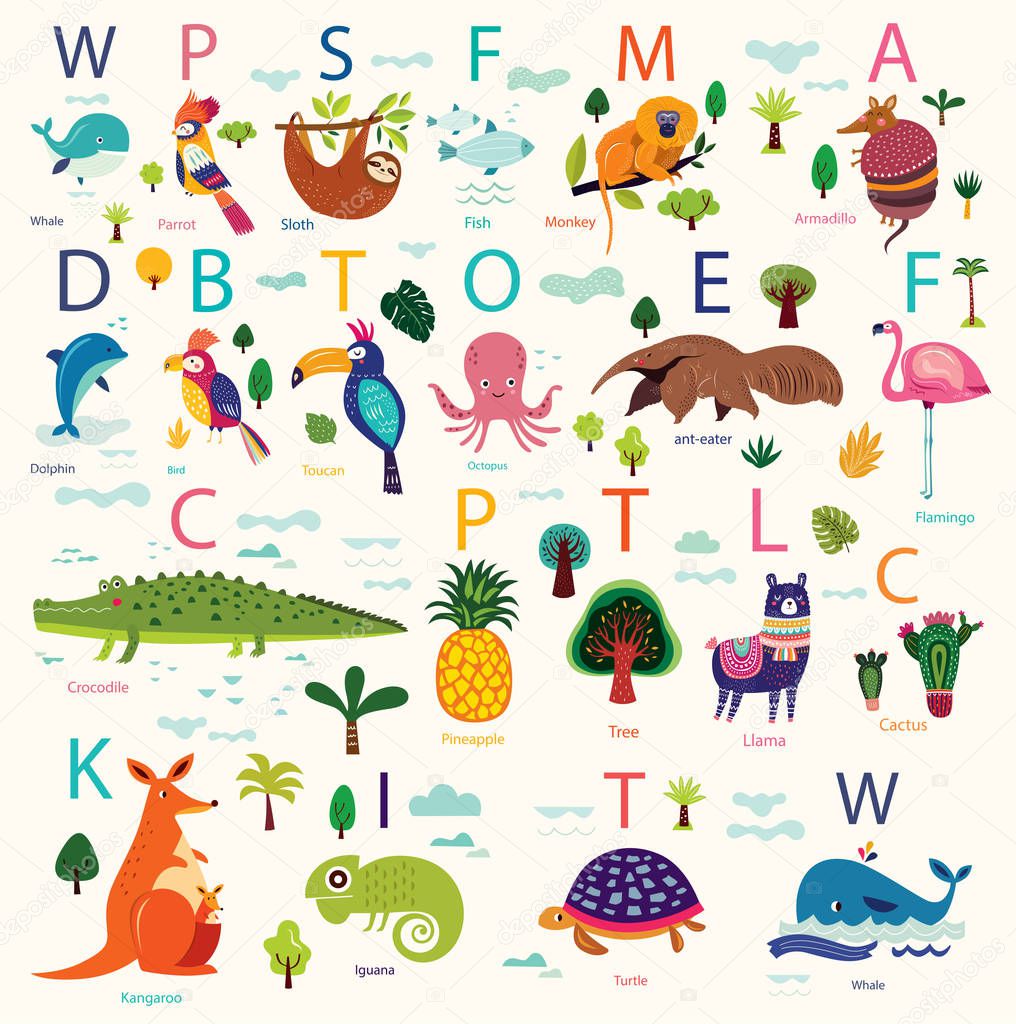 Set of color alphabet animals, vector illustration