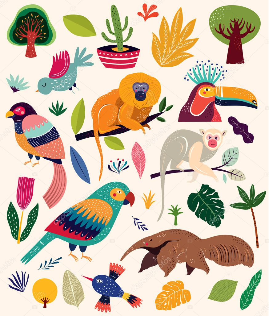 Card with colorful animals, vector illustration