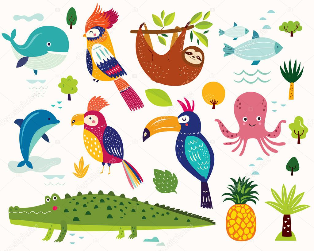 Card with colorful animals, vector illustration