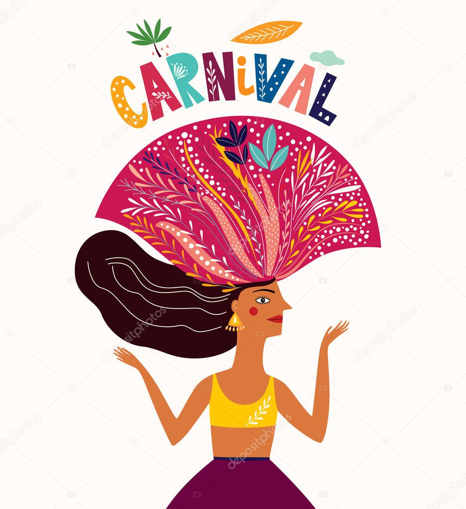 Color Brazil Carnival template with dancing woman, vector illustration