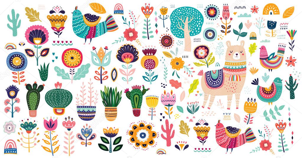 colorful set with lama, flowers, birds and ethnic design elements, vector illustration