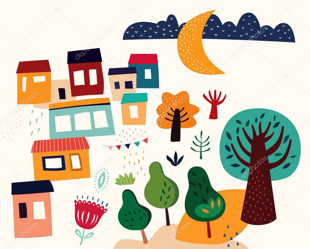 colorful cartoon houses and trees, vector illustration