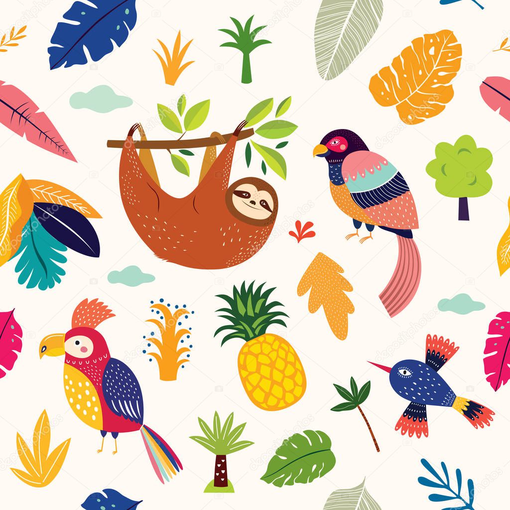 Seamless tropical pattern with cute sloth, parrots and tropical leaves, vector illustration