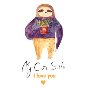 Sevimli çizgi SIoth, vektör çizim kartı