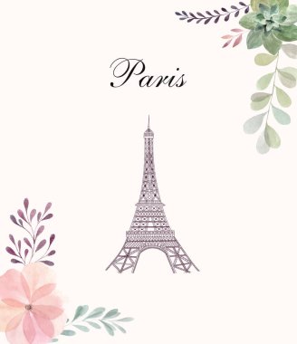 Eyfel Kulesi ve Paris metni çerçeve beyaz arka planda, vektör çizim çiçek rengi