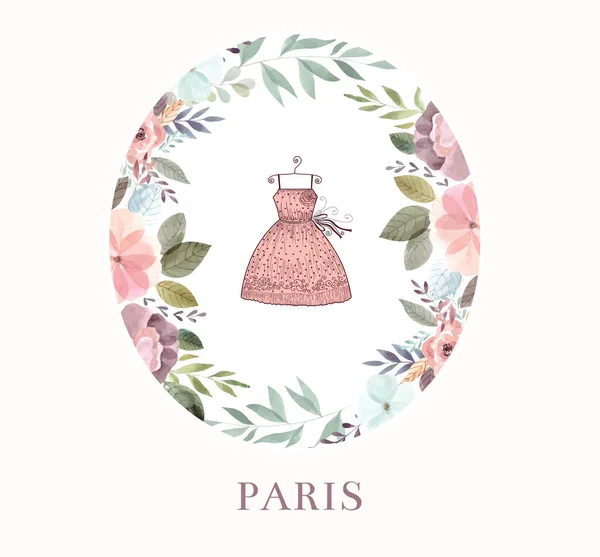 Söt Rosa Klänning Färg Blommig Krans Med Text Paris Vektorillustration — Stock vektor