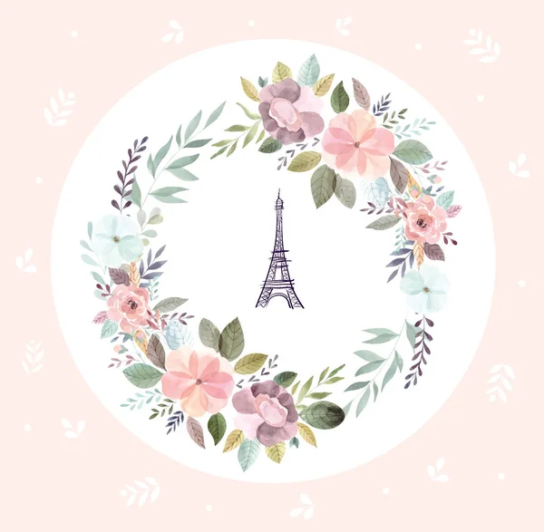 Torre Eiffel Texto París Marco Floral Color Sobre Fondo Blanco — Archivo Imágenes Vectoriales