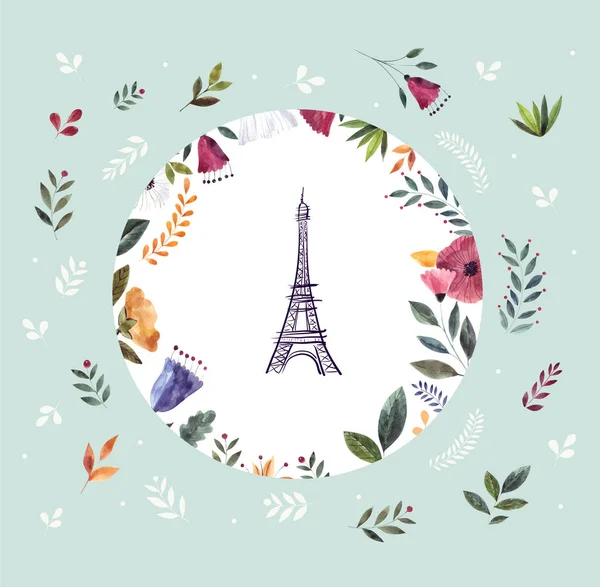 Eiffelturm Und Pariser Text Floralem Rahmen Auf Blauem Hintergrund Vektorillustration — Stockvektor