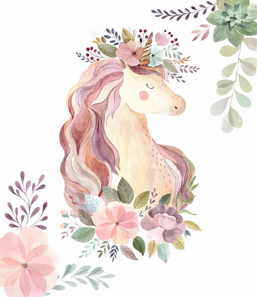 Cabeza Unicornio Mágico Ornamento Floral Aislado Sobre Fondo Blanco Ilustración — Archivo Imágenes Vectoriales