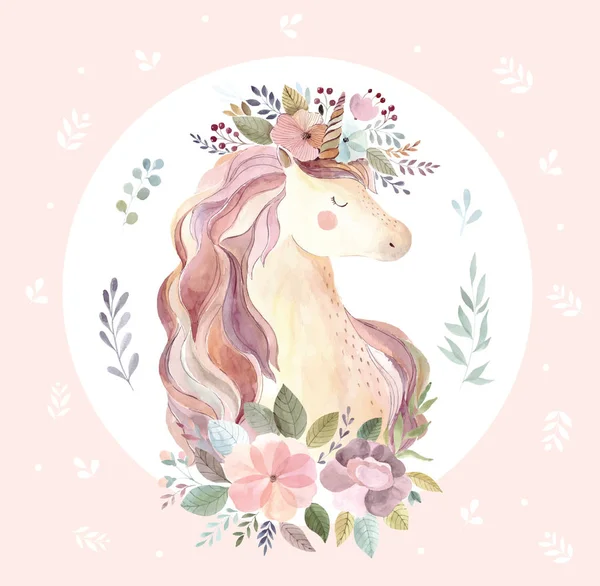 Lindo Unicornio Dibujos Animados Con Flores Sobre Fondo Blanco Marco — Archivo Imágenes Vectoriales