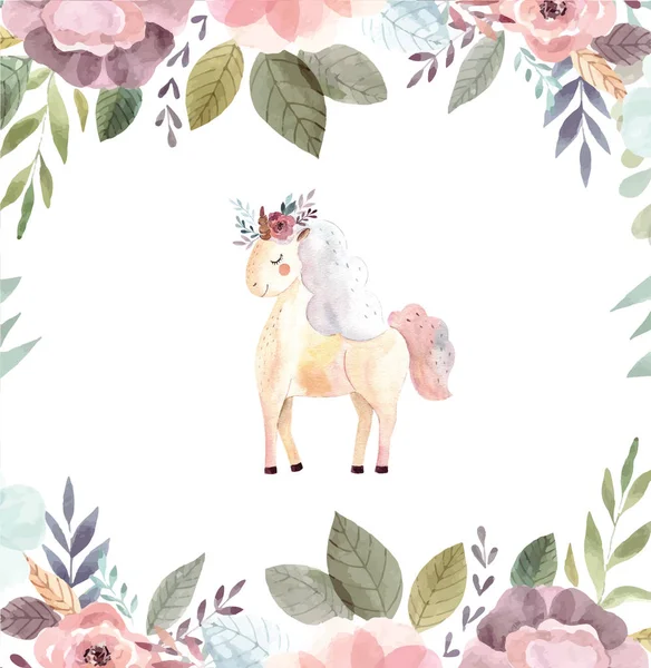 神奇的独角兽在粉彩彩色花卉框架 矢量插图 — 图库矢量图片
