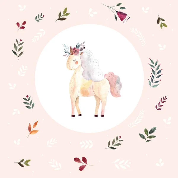 Lindo Unicornio Dibujos Animados Con Adorno Floral Color Sobre Fondo — Archivo Imágenes Vectoriales